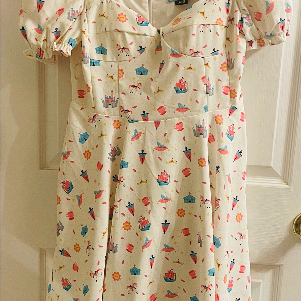 Park Candy Disney Fantasy Land Playful Cream Midi Dress with Vibrant Print